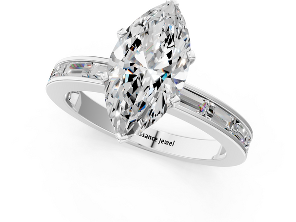 White gold Marquise Solitaire Diamond Ring with Channel-Set Baguette Band and Four-Prong Setting