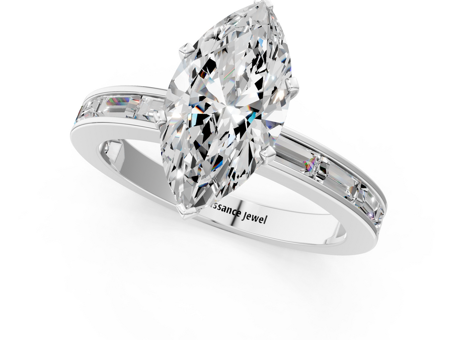 White gold Marquise Solitaire Diamond Ring with Channel-Set Baguette Band and Four-Prong Setting