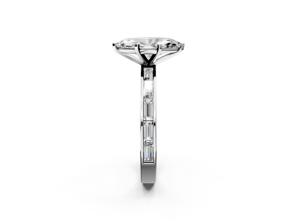 White gold Marquise Solitaire Diamond Ring with Channel-Set Baguette Band and Four-Prong Setting