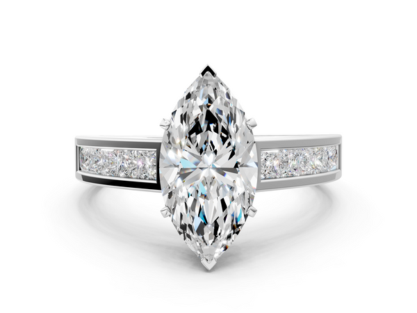 White gold Marquise Solitaire Diamond Ring with Channel-Set Band and Four-Prong Setting
