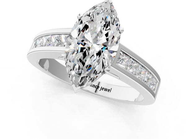 White gold Marquise Solitaire Diamond Ring with Channel-Set Band and Four-Prong Setting