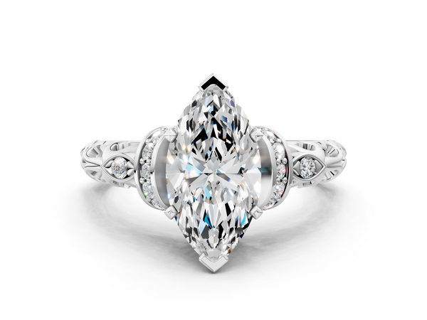 Platinum Marquise Cut Diamond Solitaire Ring with Filigree Band and Four-Prong Setting