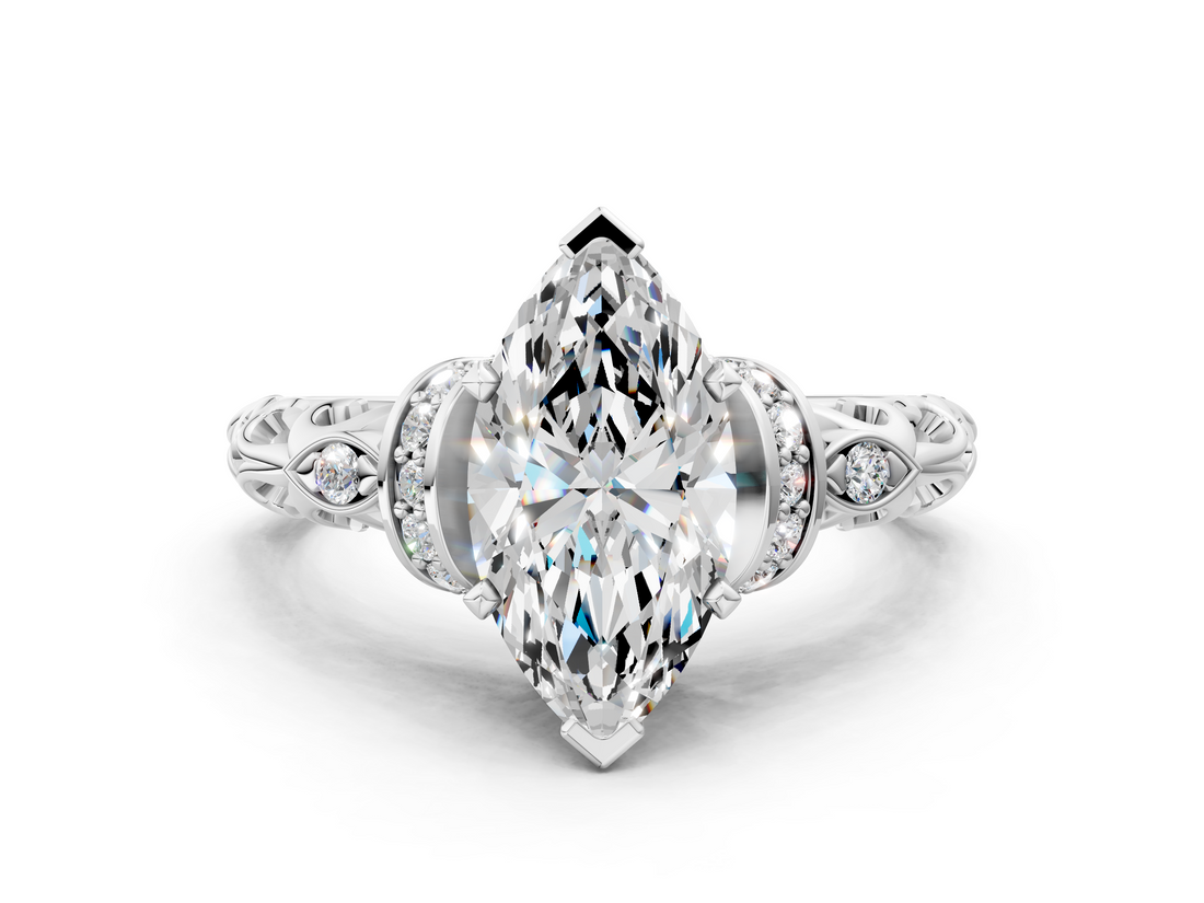 White gold Marquise Solitaire Diamond Ring with Filigree Band and Four-Prong Setting_79