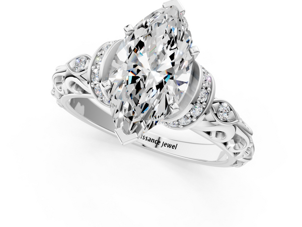 Platinum Marquise Cut Diamond Solitaire Ring with Filigree Band and Four-Prong Setting