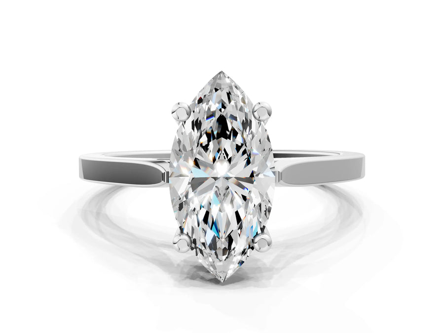 White gold Marquise Solitaire Diamond Ring with Four-Prong Setting and Tapered Band
