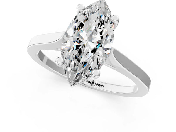 White gold Marquise Solitaire Diamond Ring with Four-Prong Setting and Tapered Band
