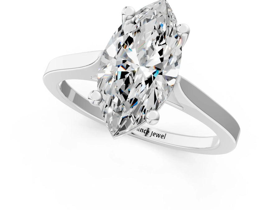 White gold Marquise Solitaire Diamond Ring with Four-Prong Setting and Tapered Band