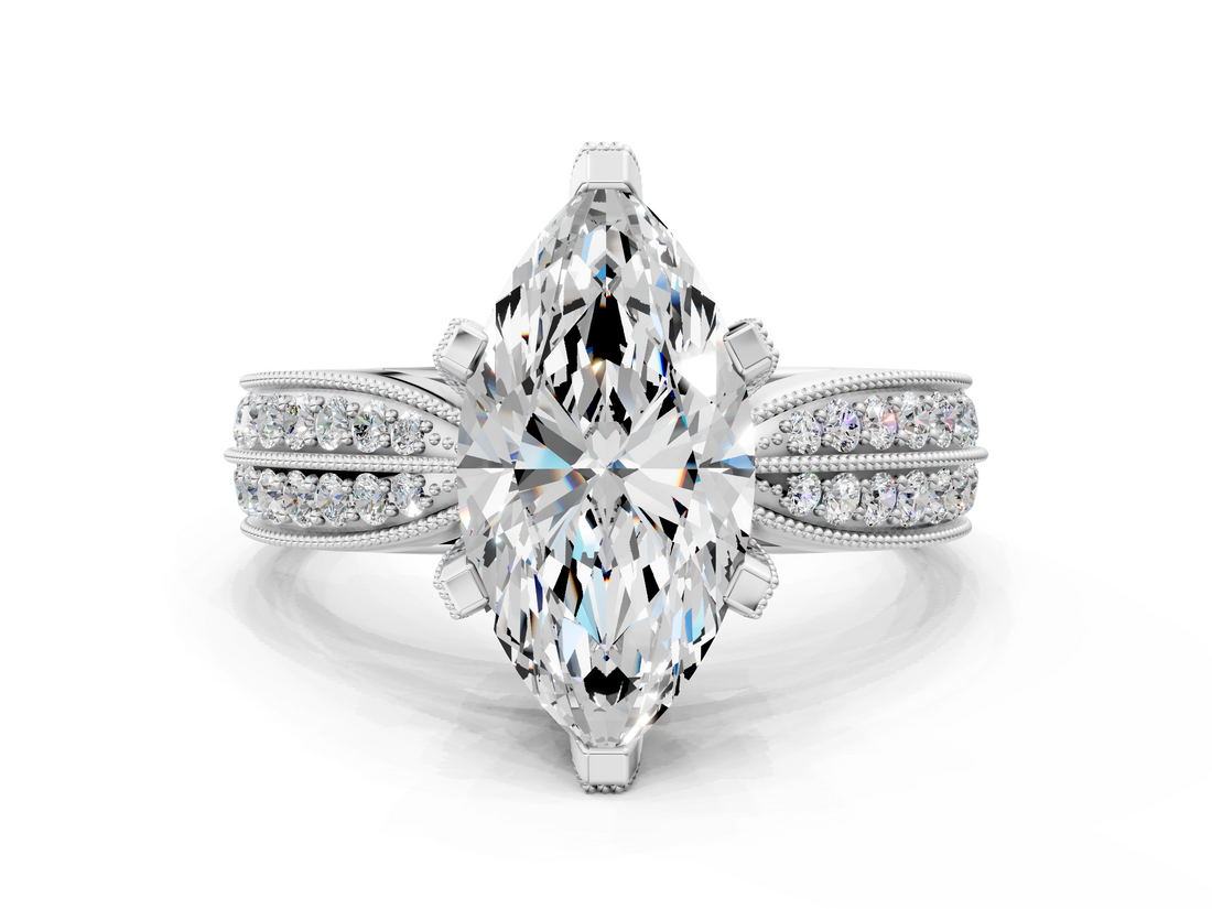 White gold Marquise Solitaire Diamond Ring with Milgrain Pavé Band and Four-Prong Setting_139