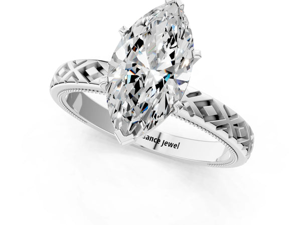 White gold Marquise Solitaire Diamond Ring with Milgrain and Black Enamel X Pattern Band