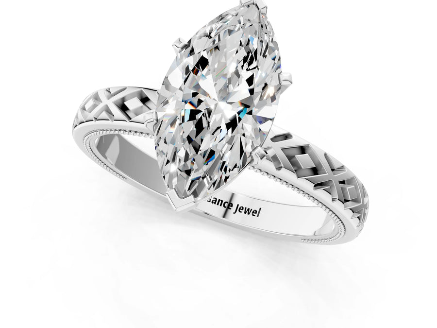 White gold Marquise Solitaire Diamond Ring with Milgrain and Black Enamel X Pattern Band