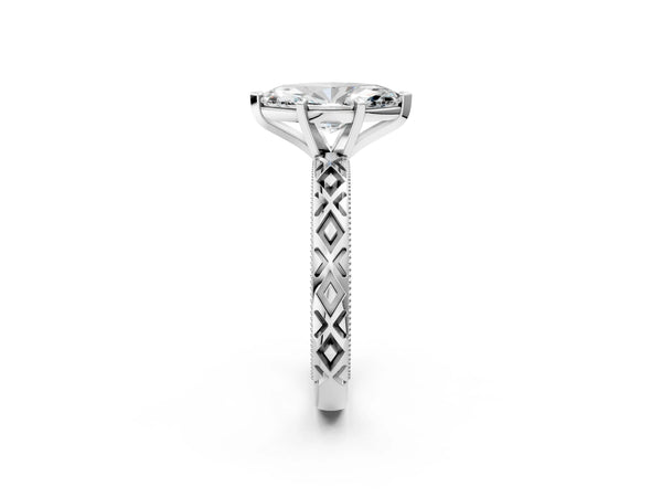 White gold Marquise Solitaire Diamond Ring with Milgrain and Black Enamel X Pattern Band
