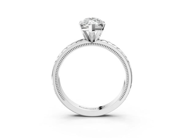 White gold Marquise Solitaire Diamond Ring with Milgrain and Black Enamel X Pattern Band