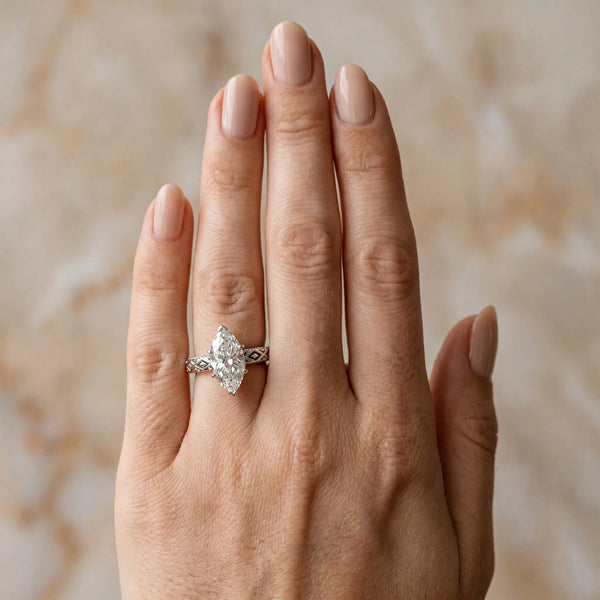White gold Marquise Solitaire Diamond Ring with Milgrain and Black Enamel X Pattern Band