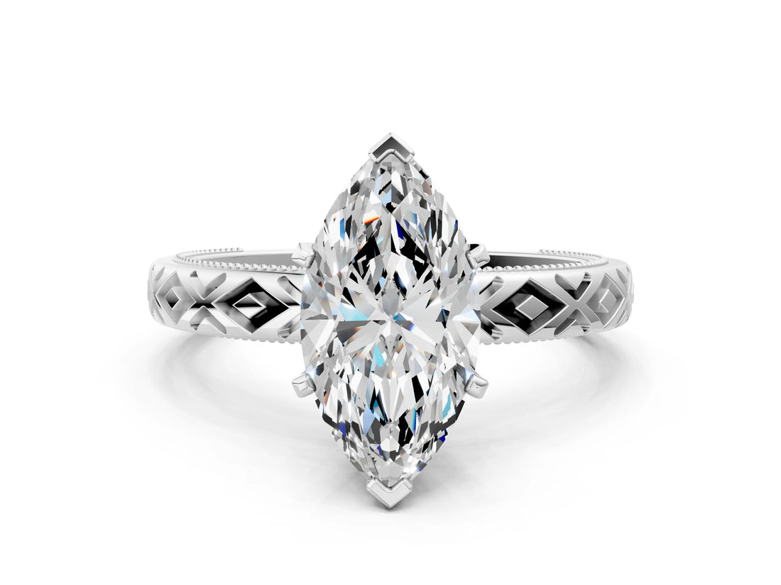 White gold Marquise Solitaire Diamond Ring with Milgrain and Black Enamel X Pattern Band_93