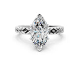 White gold Marquise Solitaire Diamond Ring with Milgrain and Black Enamel X Pattern Band_93