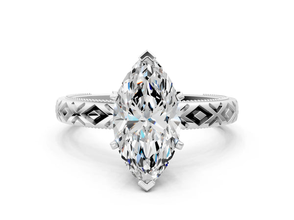 White gold Marquise Solitaire Diamond Ring with Milgrain and Black Enamel X Pattern Band