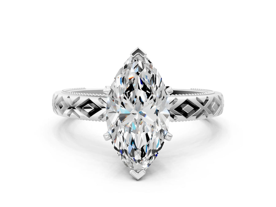White gold Marquise Solitaire Diamond Ring with Milgrain and Black Enamel X Pattern Band