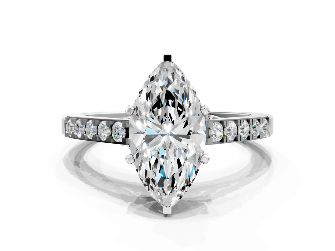 White gold Marquise Solitaire Diamond Ring with Pavé Band and Four-Prong Setting_140