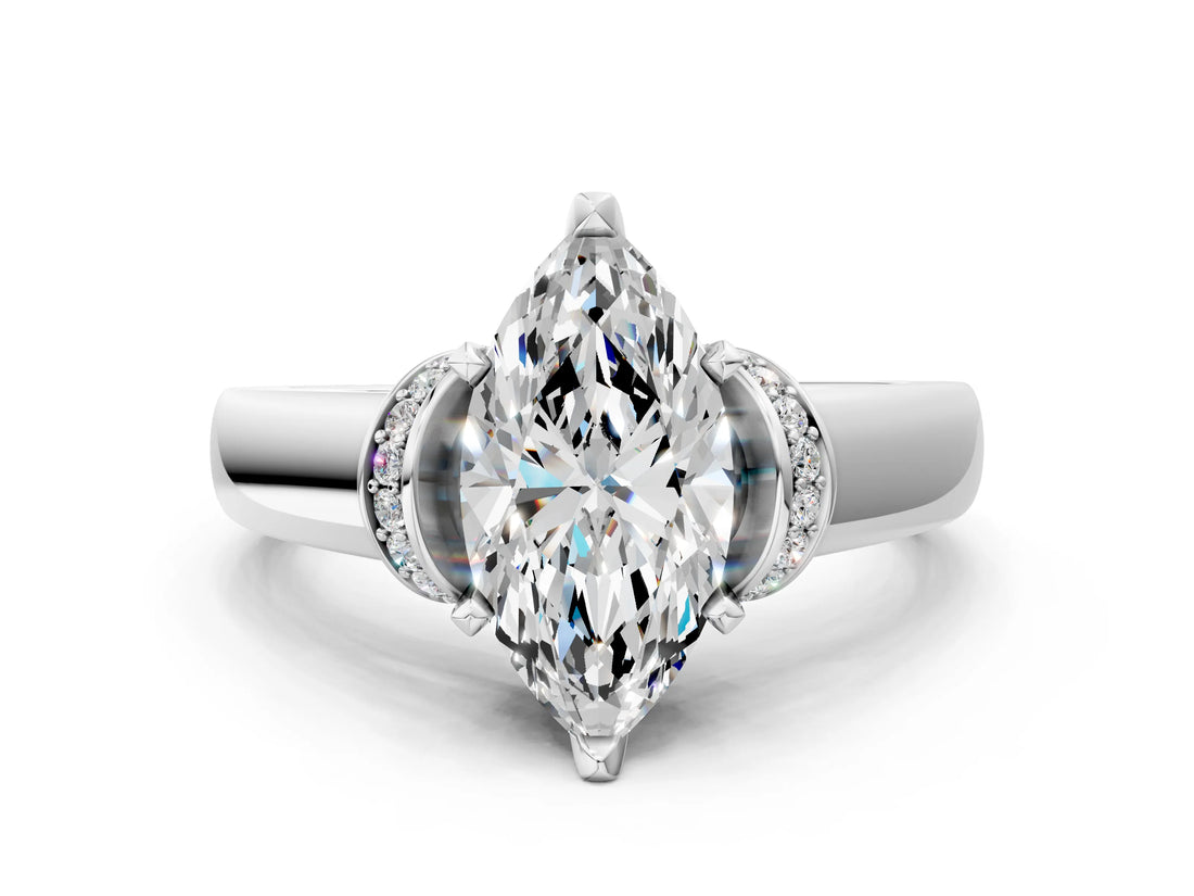 White gold Marquise Solitaire Diamond Ring with Pave Band and Six-Prong Setting_69