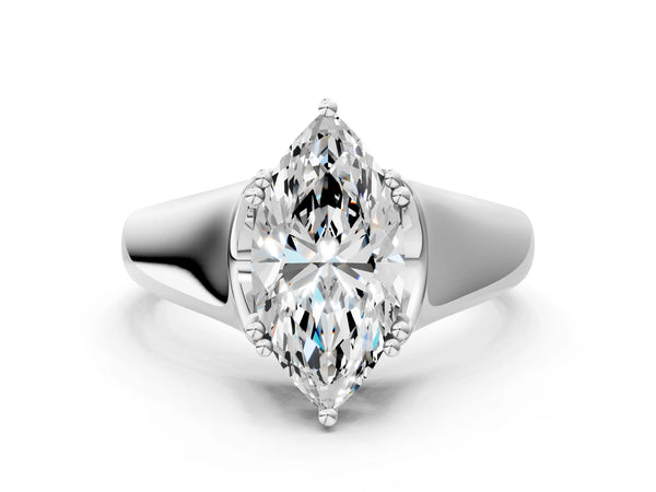 White gold Marquise Cut Diamond Solitaire Ring with Wide Band and Prong Setting