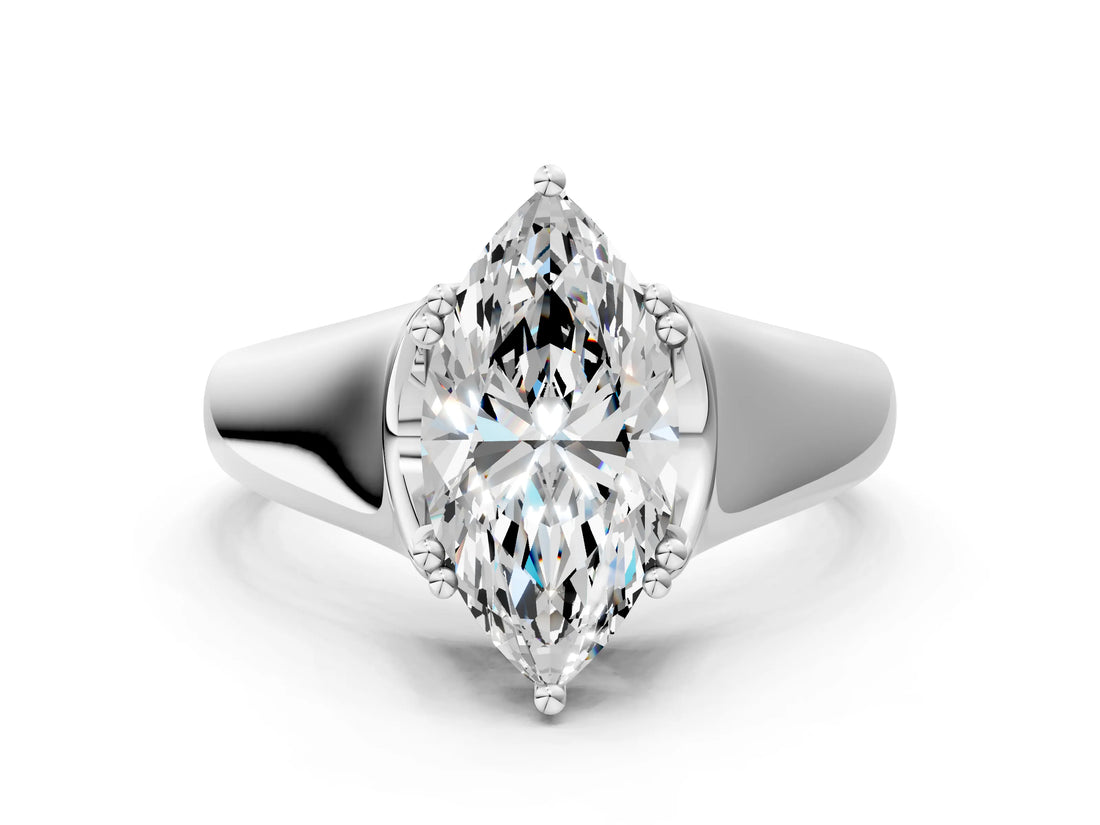 10K White Gold 2.03 Carat E VVS2 Marquise Diamond Solitaire Ring with Wide Band and Prong Setting