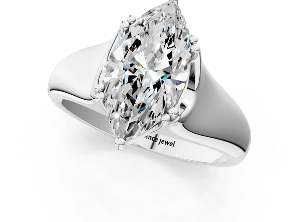 White gold Marquise Cut Diamond Solitaire Ring with Wide Band and Prong Setting