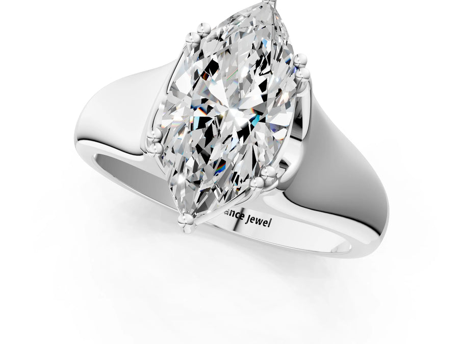 White gold Marquise Cut Diamond Solitaire Ring with Wide Band and Prong Setting