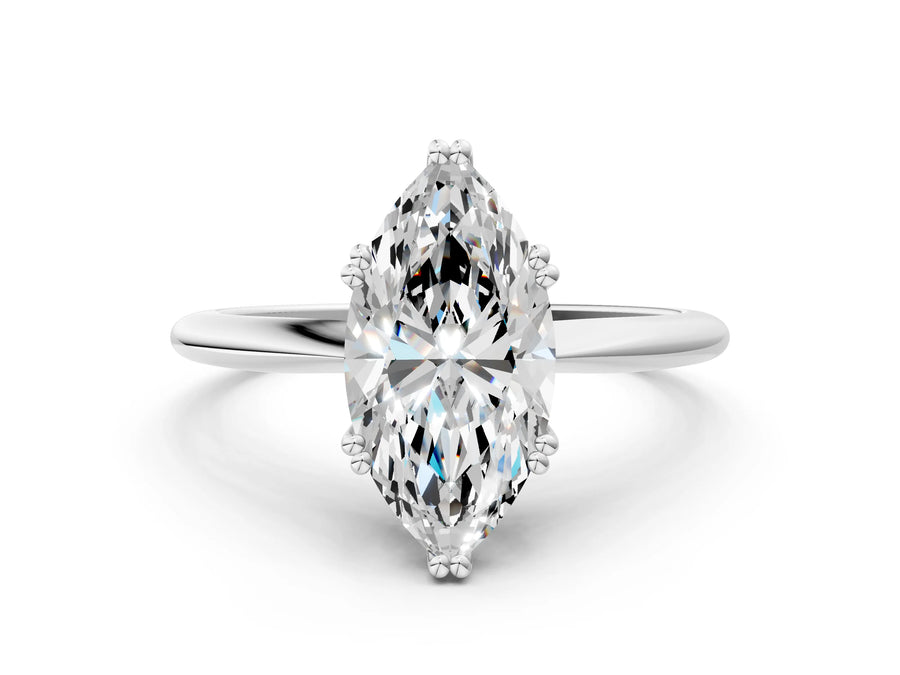 White gold Marquise Solitaire Diamond Ring with Six-Prong Setting and Classic Band