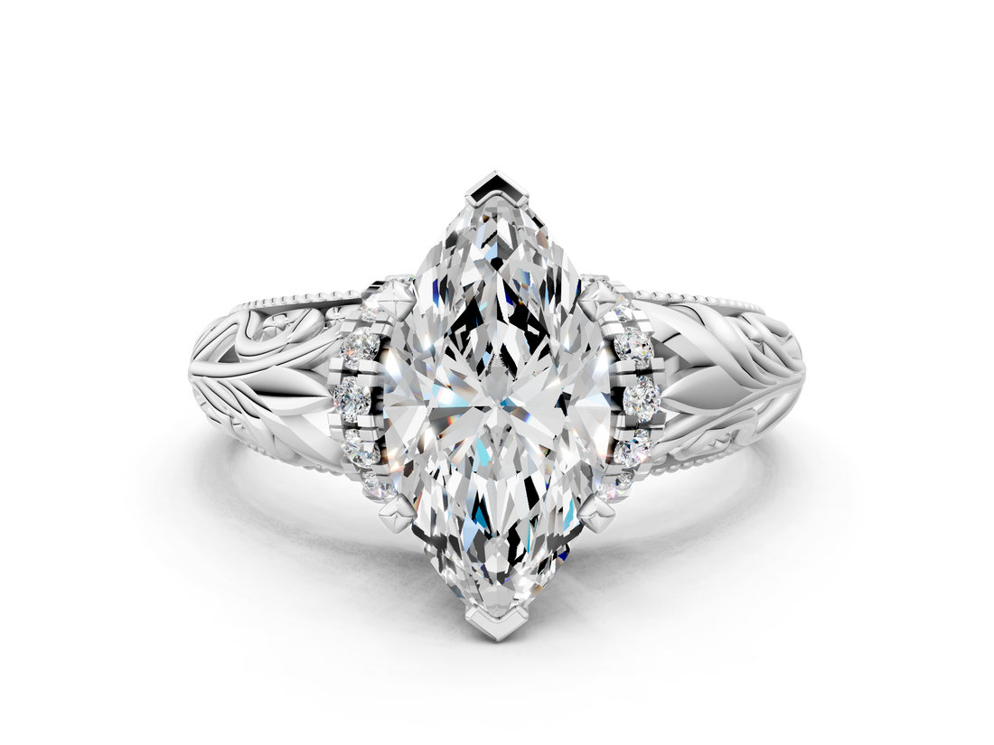 White gold Marquise Solitaire Filigree Engagement Ring with Halo and Prong Setting_79