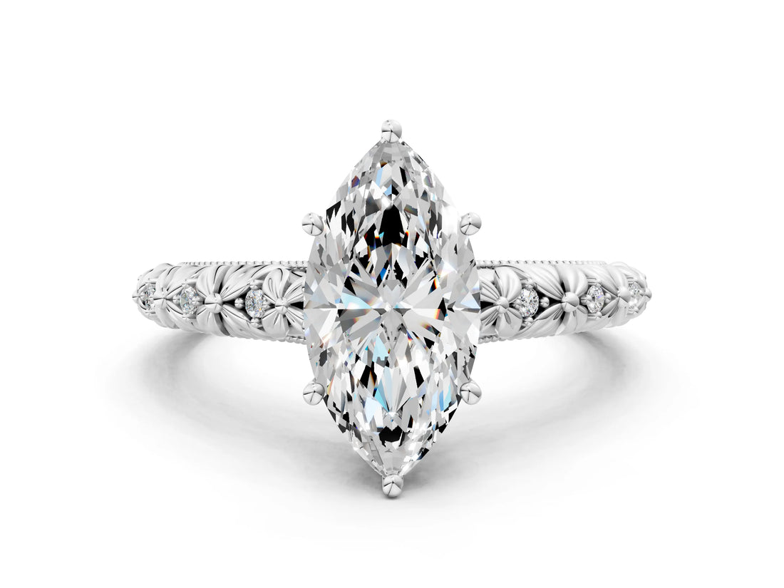 White gold Marquise Solitaire Floral Milgrain Engagement Ring_31