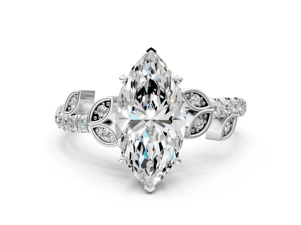 White gold Marquise Solitaire Leaf-Inspired Diamond Ring with Pavé Band and Four-Prong Setting