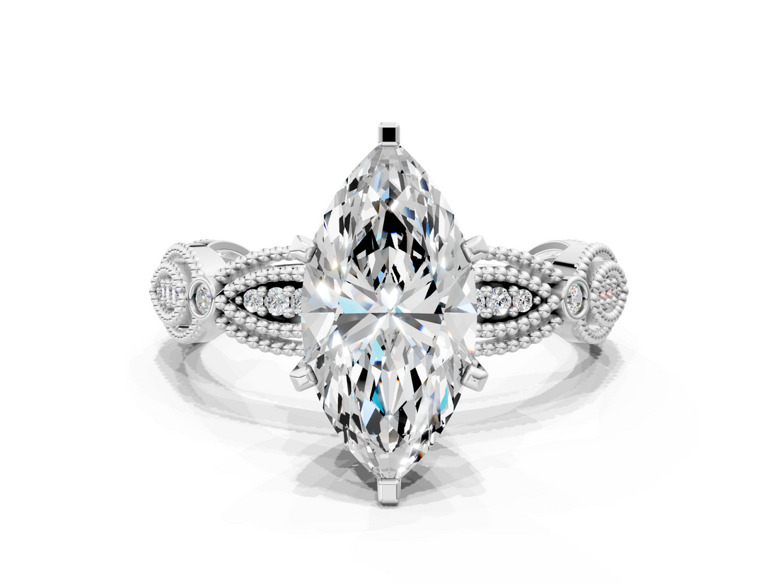 White gold Marquise Solitaire Milgrain Diamond Engagement Ring with Bezel and Marquise Band_153