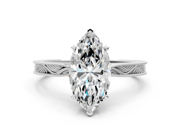 Sterling Silver Marquise Vintage Solitaire Engagement Ring Setting with Milgrain Engraved Band