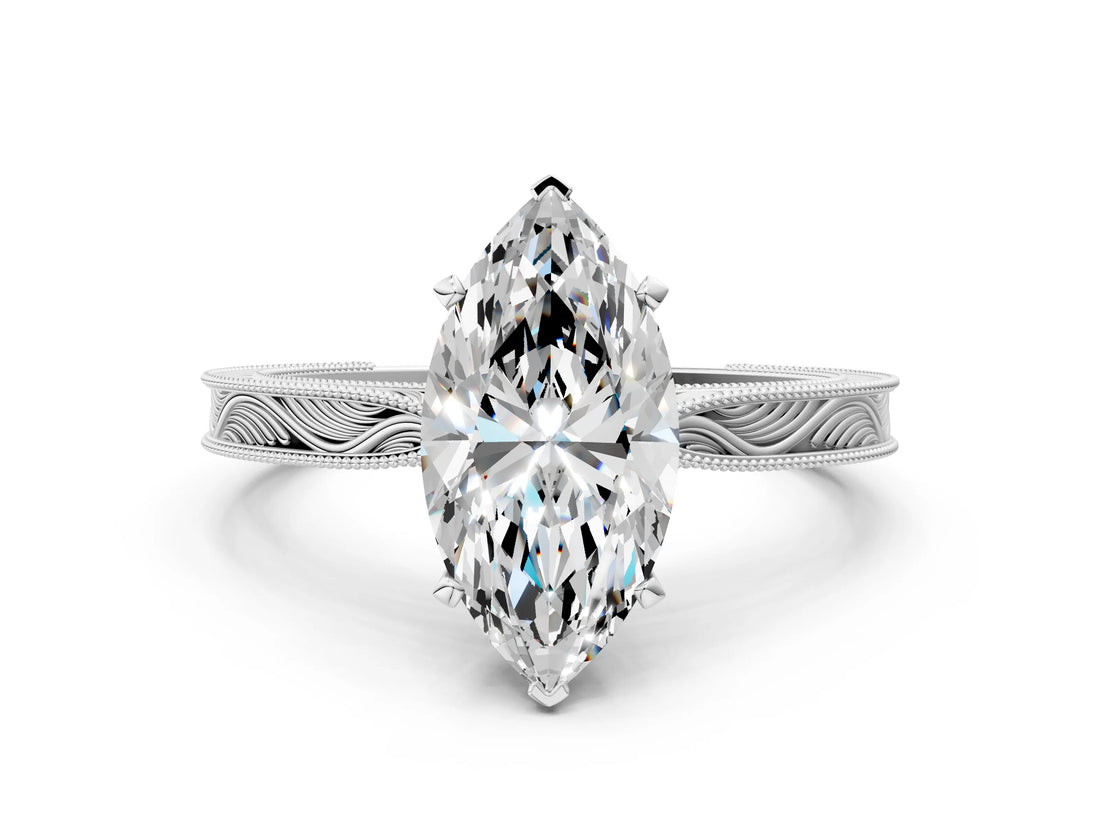 White gold Marquise Solitaire Milgrain Engraved Band with Four-Prong Setting_12