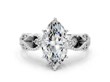 White gold Marquise Solitaire Milgrain Leaf Band with Prong Setting_3