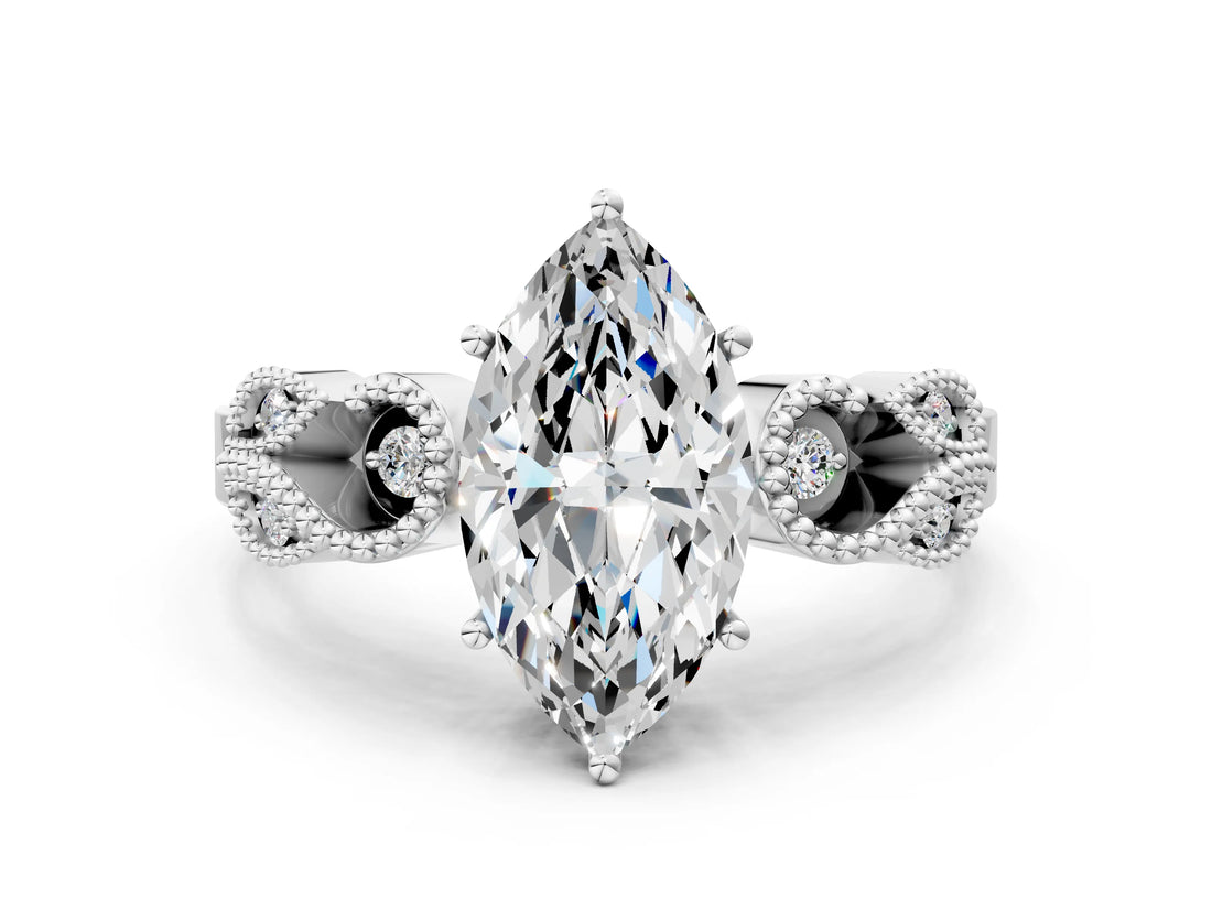 White gold Marquise Solitaire Milgrain Leaf Band with Prong Setting_3