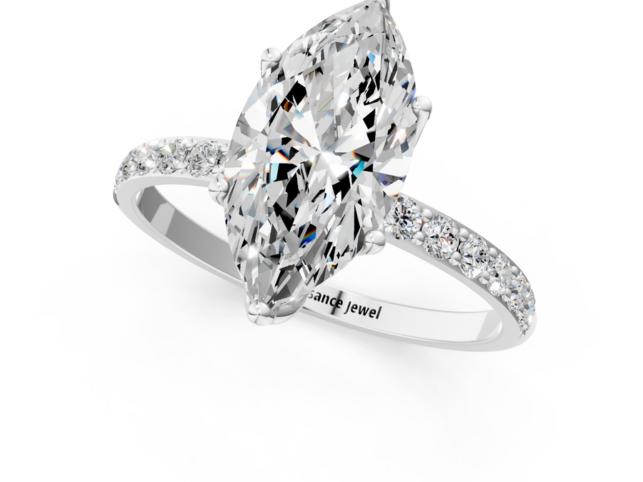 White gold Marquise Solitaire Pavé Diamond Engagement Ring with Four-Prong Setting