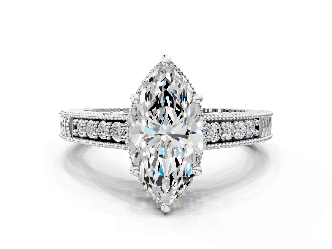 White gold Marquise Solitaire Pavé Diamond Milgrain Engagement Ring with Four-Prong Setting_21