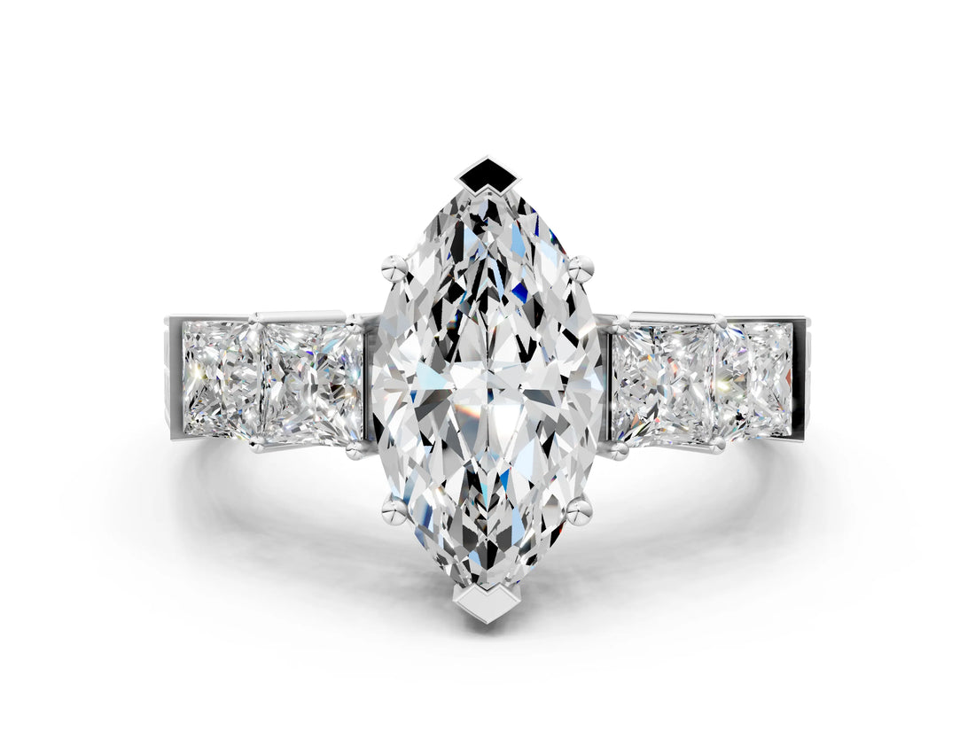 White gold Marquise Solitaire Princess Side Stone Engraved Band Prong Setting Ring_3