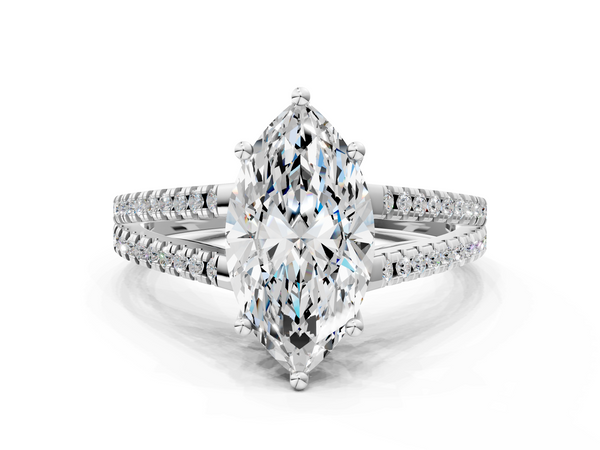 White gold Marquise Cut Diamond Solitaire Engagement Ring with Split Shank Pavé Band