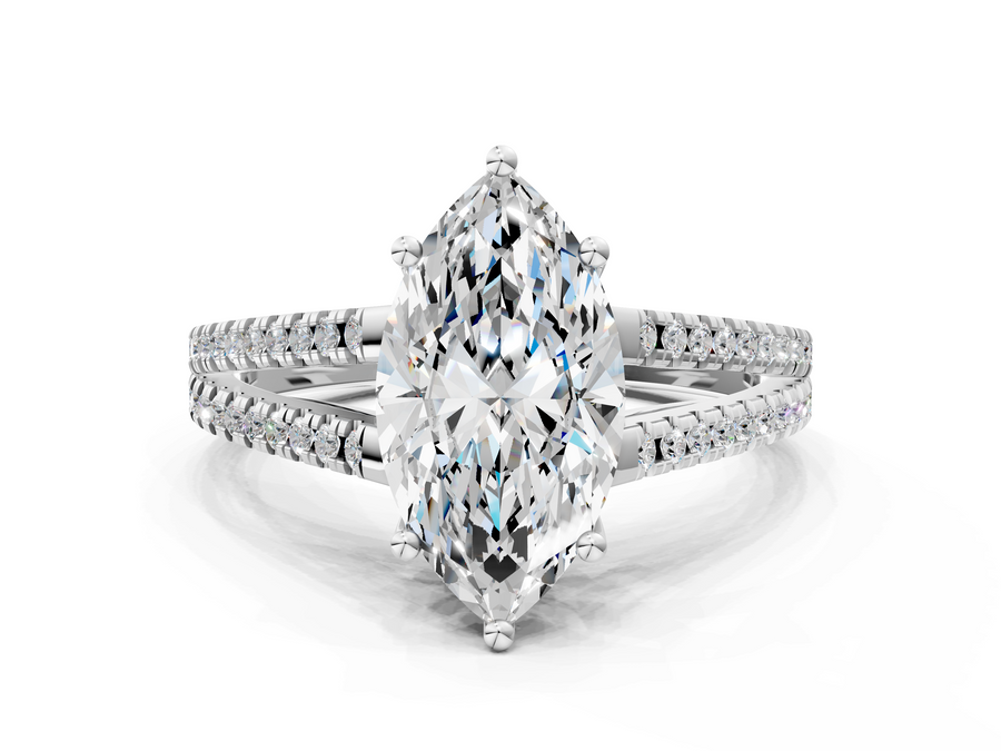 White gold Marquise Cut Diamond Solitaire Engagement Ring with Split Shank Pavé Band