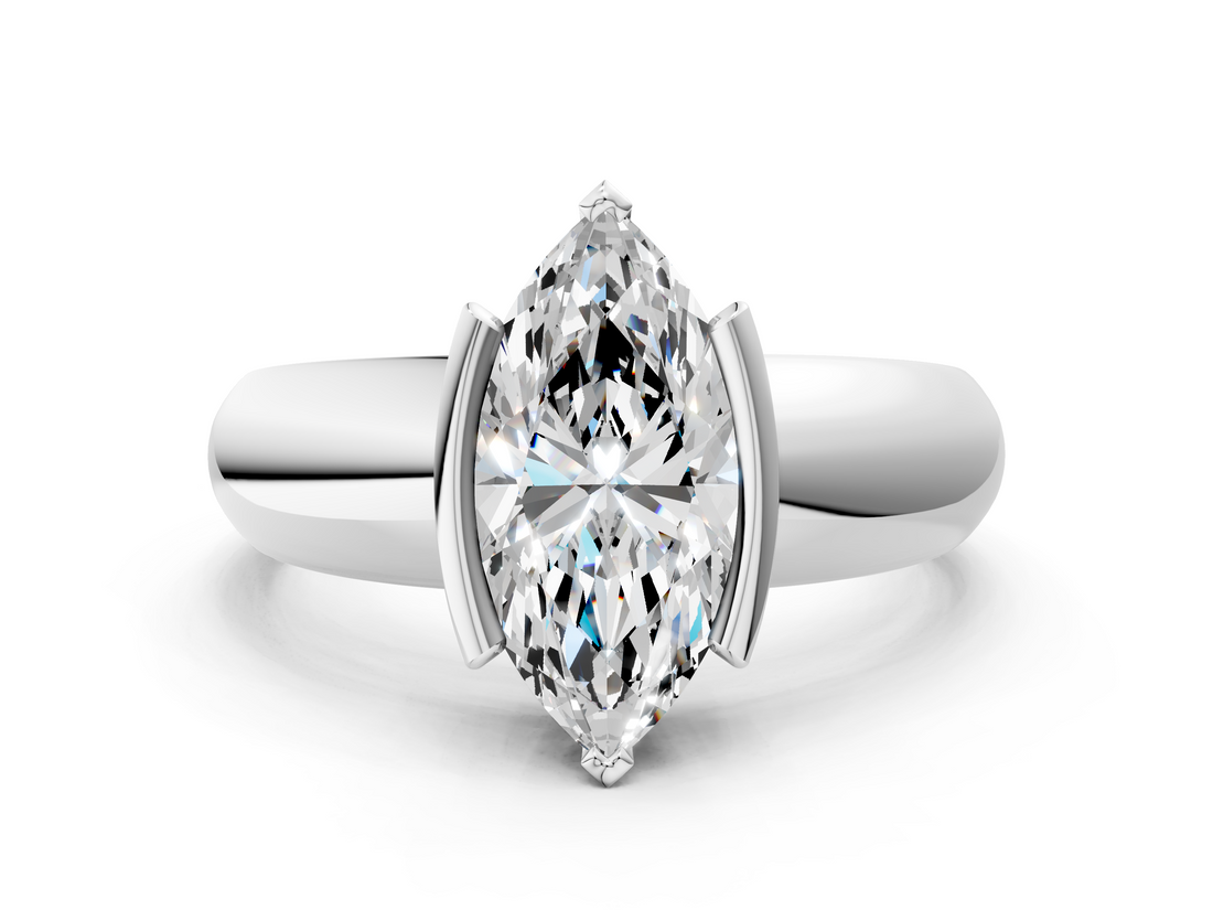 White gold Marquise Solitaire Tension Set Diamond Ring with Wide Band_20