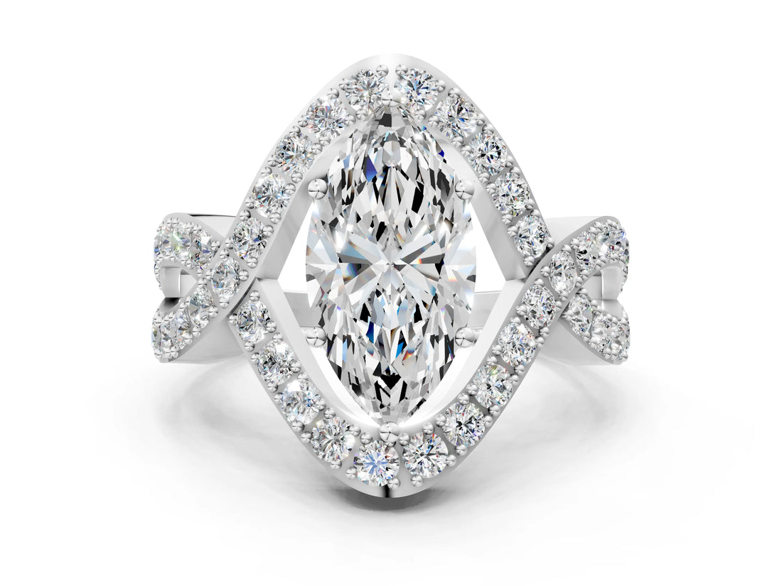 White gold Marquise Solitaire Twist Band Pavé Diamond Engagement Ring_32