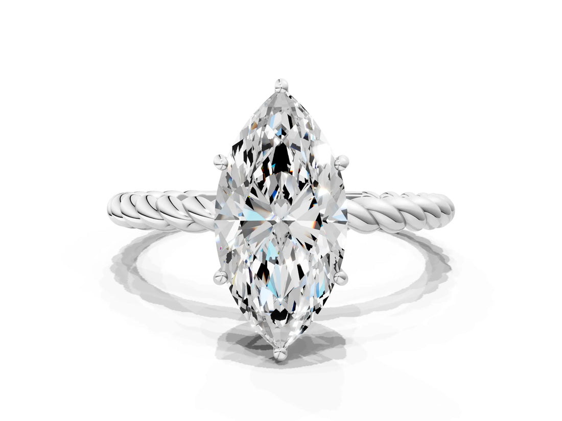 White gold Marquise Solitaire Twist Band Ring with Four-Prong Setting_12
