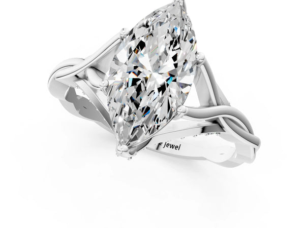 White Gold Marquise Twisted Solitaire Engagement Ring Setting with Pave Shoulders and Gallery