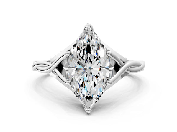 White Gold Marquise Twisted Solitaire Engagement Ring Setting with Pave Shoulders and Gallery