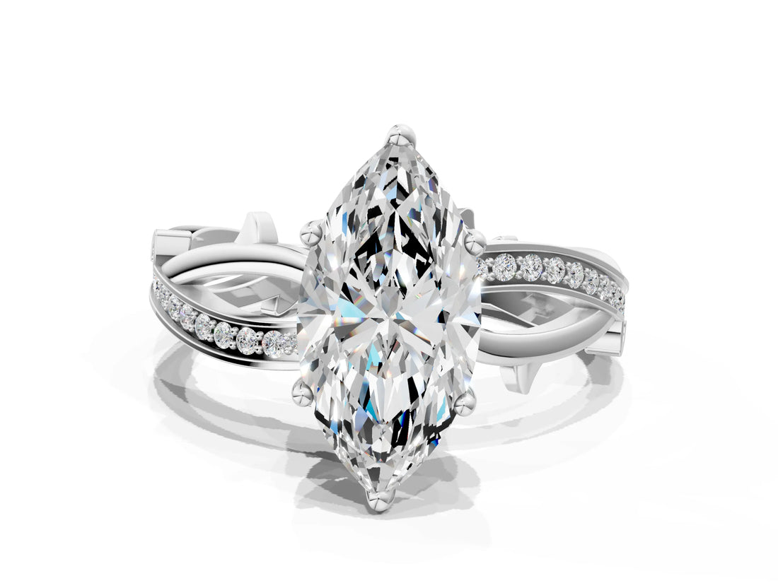 White gold Marquise Solitaire Twist Band with Pavé Accents and Four-Prong Setting_32