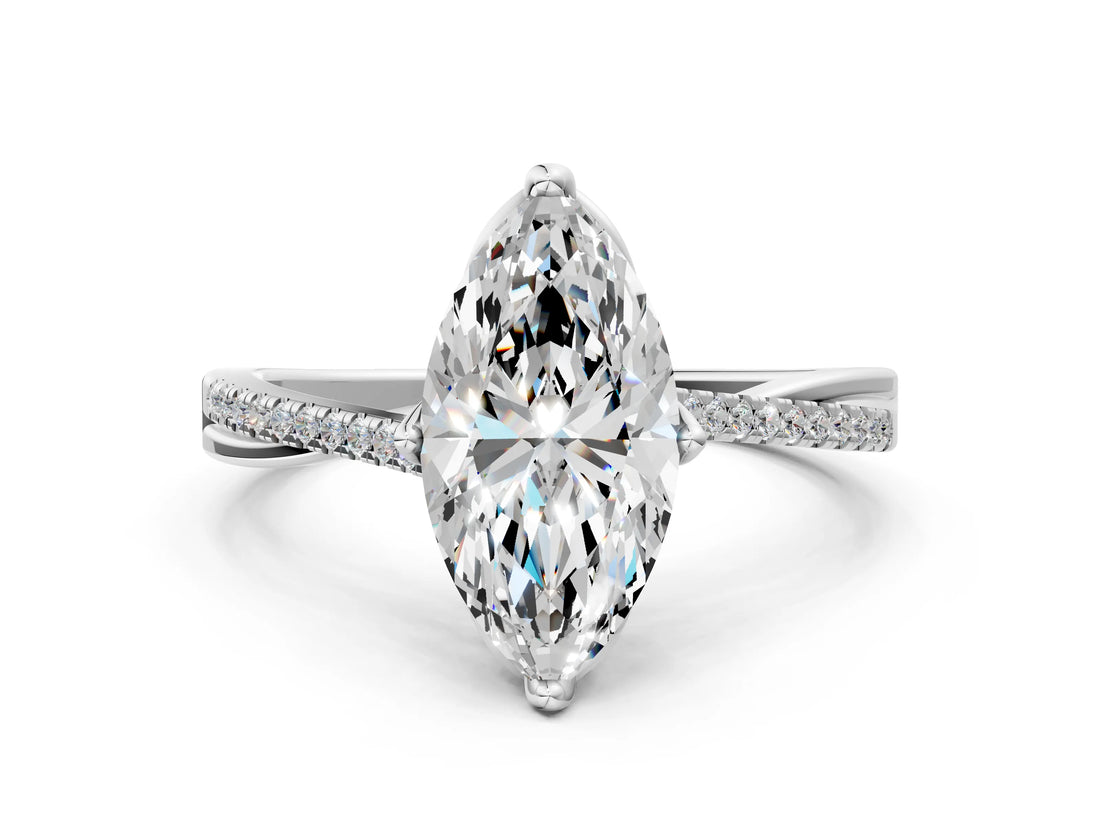 White gold Marquise Solitaire Twist Band with Pavé Diamonds and Four-Prong Setting_88