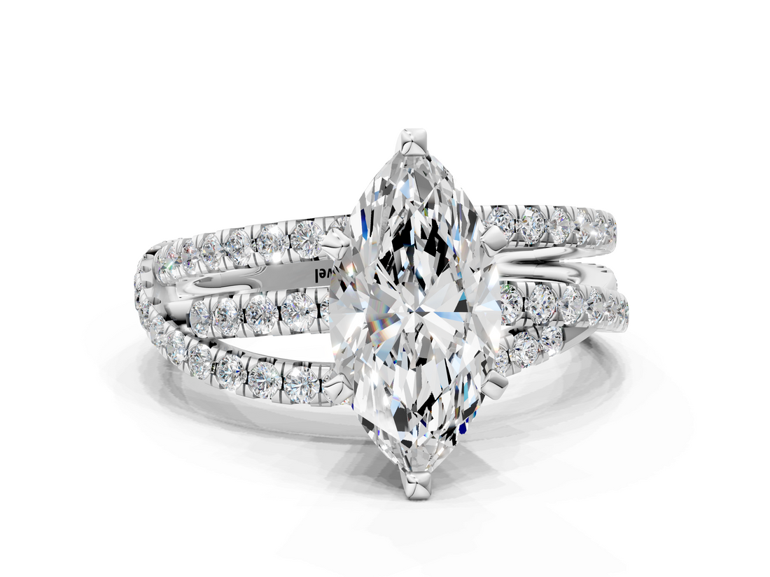 White gold Marquise Solitaire Twist Band with Pavé Setting and Four-Prong Setting_111
