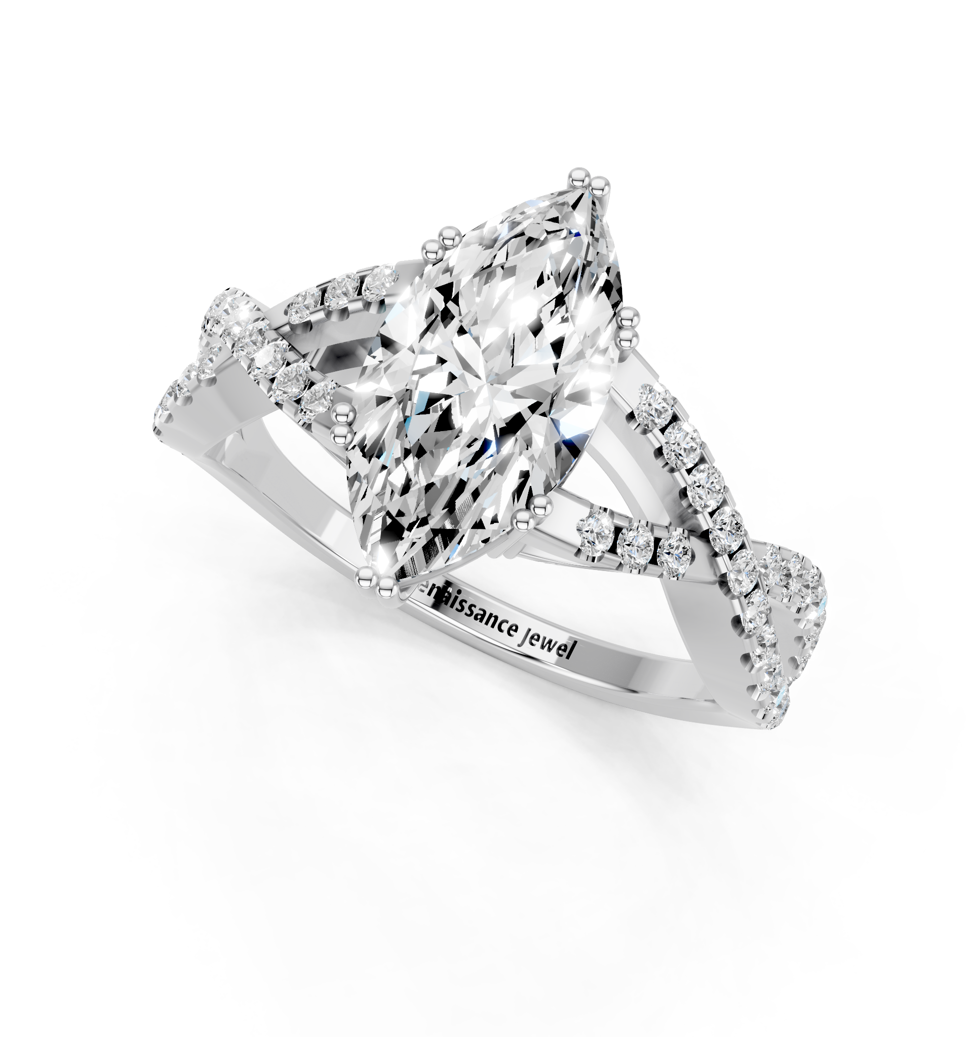 White gold Marquise Solitaire Twist Band with Pavé Setting and Four-Prong Setting_22